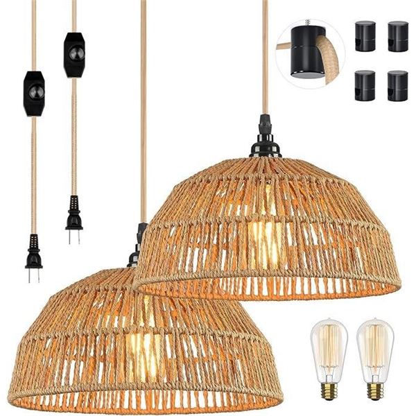 Plug in Pendant Light, Farmhouse Hanging Chandelier Lights with 15ft Golden Cotton Cord, Ceiling Lam