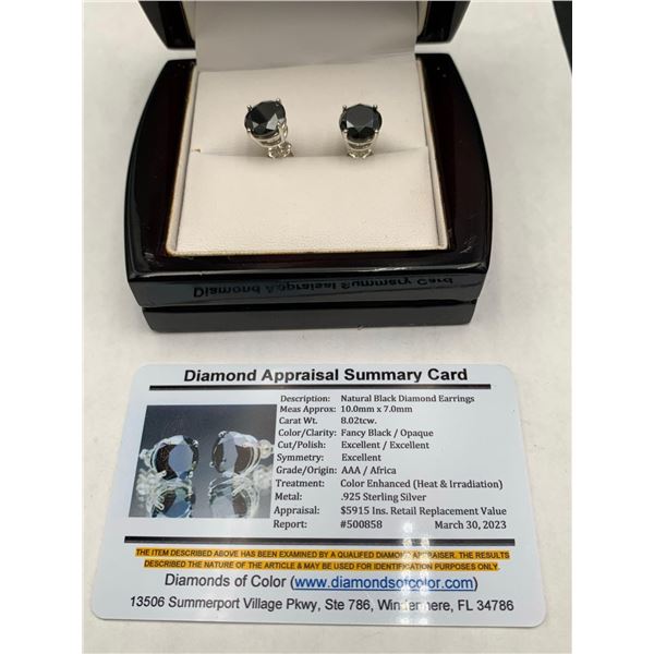 Natural Black Diamond 8.02 Carat TW Brilliant Cut Solitaires .925 Silver Earring Set with Inc. Retai