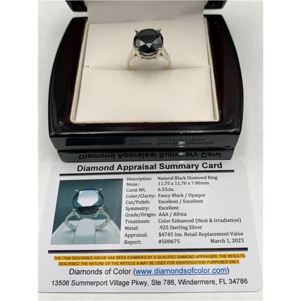 Natural Black Diamond 6.35 Brilliant Cut Solitaires .925 Silver Ring  with Ins. Retail replacement C