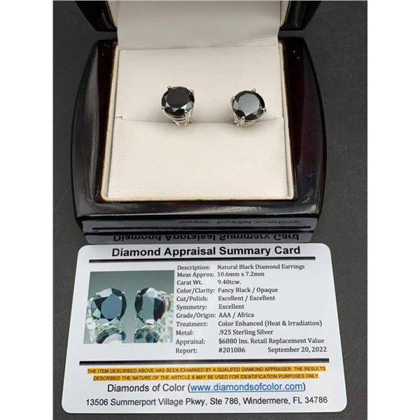 Natural Black Diamond Earrings features 9.40 Carat TW Round Cut Diamonds set in .925 Silver with ret