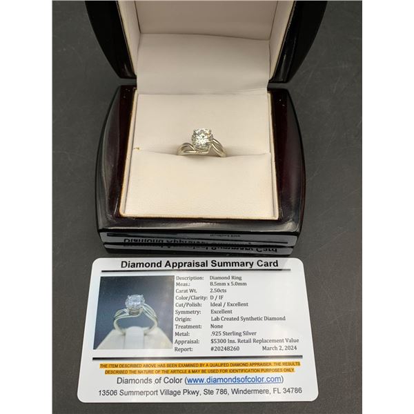 NEW 2.50 Carat Round Cut Diamond Ring D/IF Clarity, synthetic set in .925 Silver with replacement ce