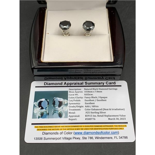 Natural Black Diamond Earrings features 8.02 Carat TW Round Cut Diamonds set in .925 Silver with ret