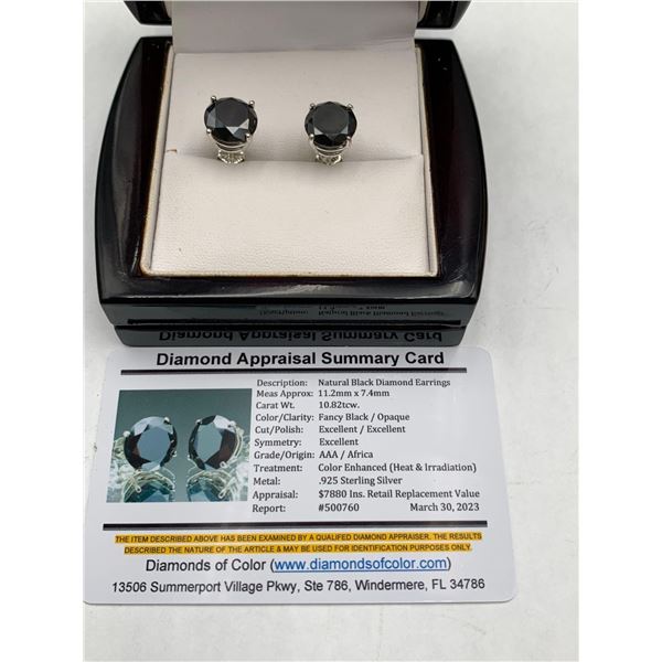 Natural Black Diamond Stud Earrings Featuring 10.82 Carat TW Solitaire Round Cut Stones set in .925 