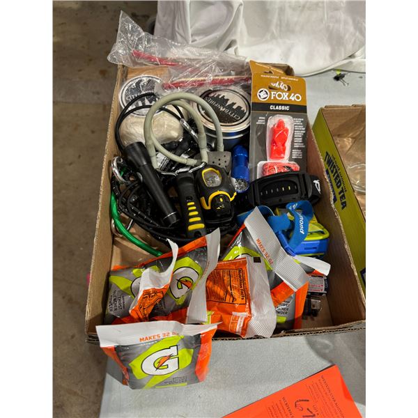 Hiking items, lights, city, bonfire, whistle Gatorade, pouches, lighters, etc.