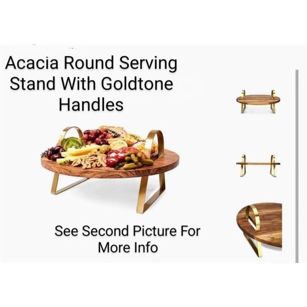 Acacia Round Serving tray with gold tone handles dent from shipping see pictures
