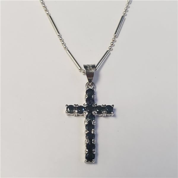 SILVER SAPPHIRE CROSS 18"   NECKLACE