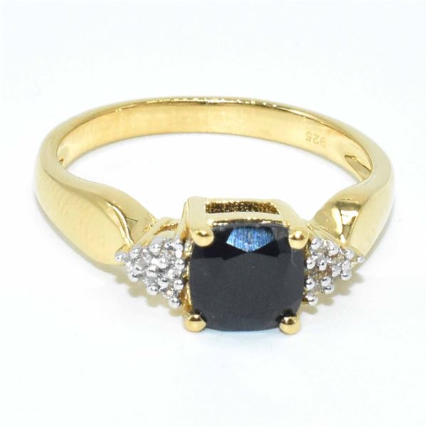 GOLD PLATED SILVER BLUE SAPPHIRE CZ(1.75CT) GOLD RHODIUM PLATED RING (~SIZE 7.5) (~WEIGHT 2.85G)