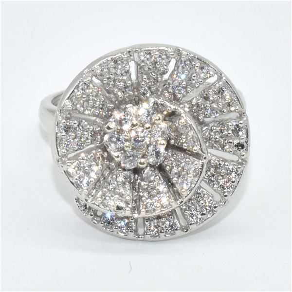 SILVER CUBIC ZIRCONIA(1.45CT) RHODIUM PLATED RING (~SIZE 8) (~WEIGHT 6.8G)