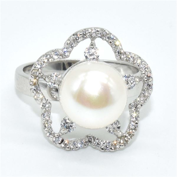 SILVER PEARL CZ(4.5CT) RHODIUM PLATED RING (~SIZE 7) (~WEIGHT 5.2G)
