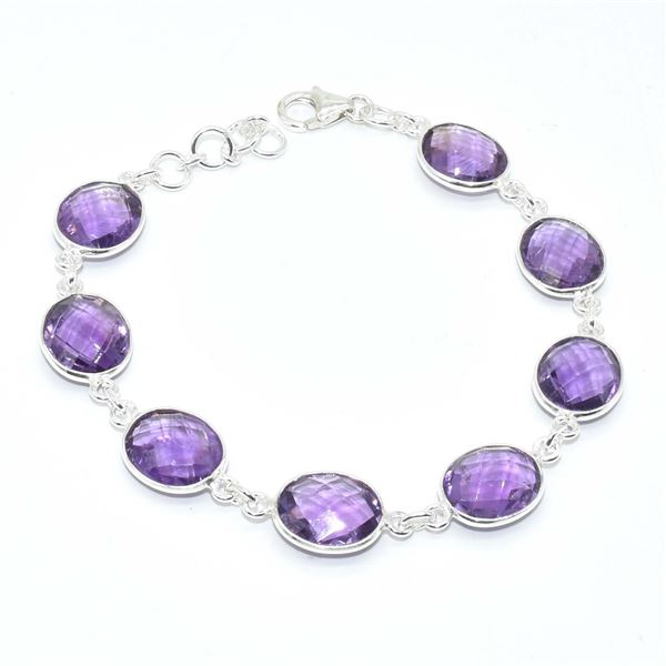 SILVER AMETHYST(26.5CT) HAND MADE BRACELET (~LENGTH 7.5INCHES) (~WEIGHT 10.25G)