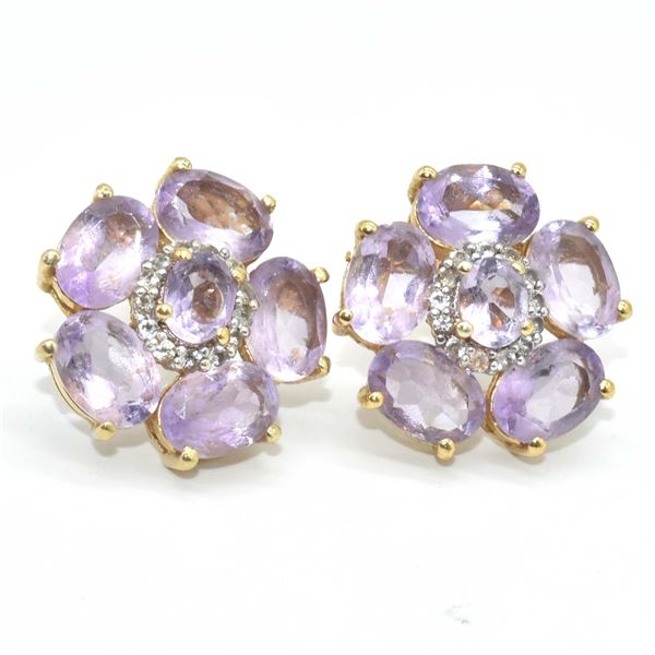 GOLD PLATED SILVER AMETHYST WHITE TOPAZ(4.5CT) GOLD RHODIUM PLATED EARRINGS (~WEIGHT 5.45G)