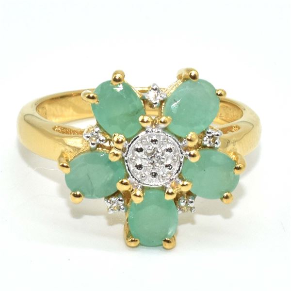 GOLD PLATED SILVER EMERALD(3.9CT) GOLD RHODIUM PLATED RING (~SIZE 7.5) (~WEIGHT 3.7G)