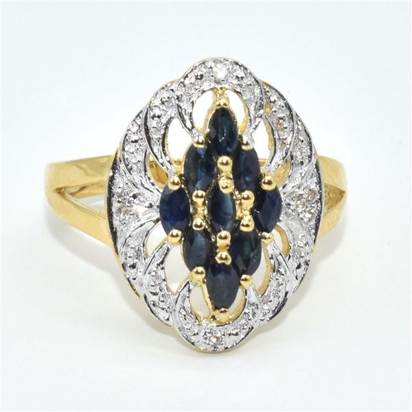 GOLD PLATED SILVER BLUE SAPPHIRE(1.8CT) GOLD RHODIUM PLATED RING (~SIZE 7) (~WEIGHT 4.2G)