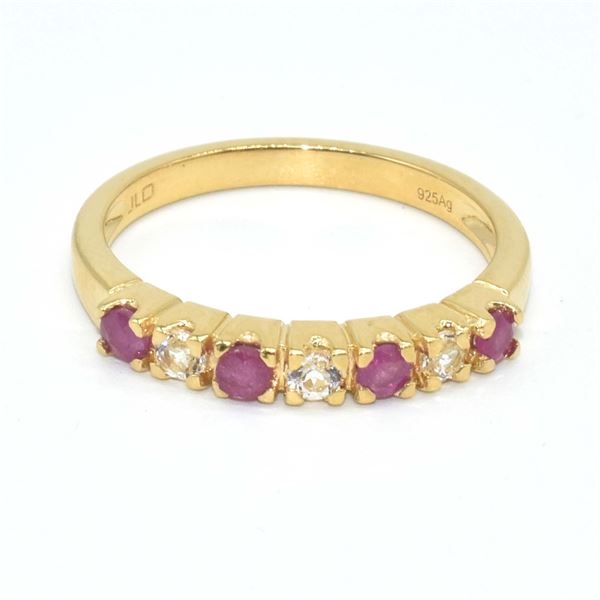 GOLD PLATED SILVER RUBY SAPPHIRE(0.95CT) GOLD RHODIUM PLATED RING (~SIZE 8) (~WEIGHT 2.55G)