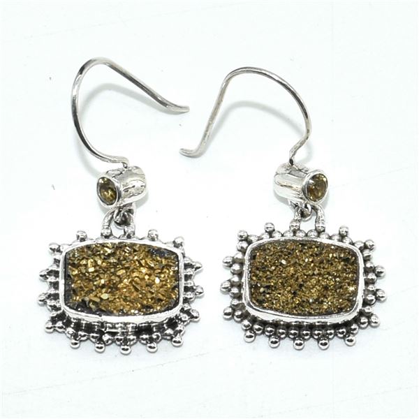 SILVER GOLDEN DRUZY(5.4CT) HAND MADE EARRINGS (~WEIGHT 7.25G)