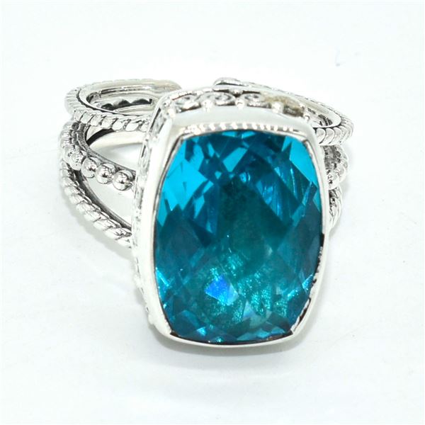 SILVER BLUE QUARTZ(9.2CT) HAND MADE ADJUSTABLE RING (~SIZE 7) (~WEIGHT 9.6G)