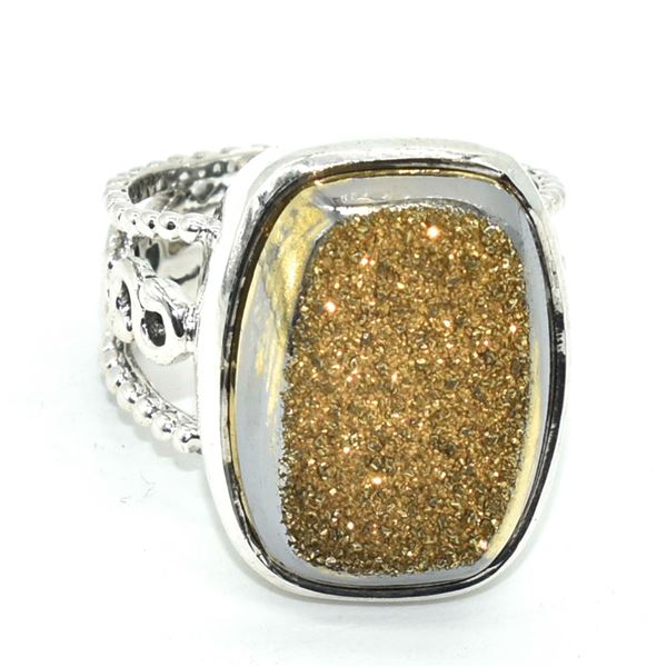 SILVER GOLDEN DRUZY(10.8CT) HAND MADE RING (~SIZE 8) (~WEIGHT 8.65G)