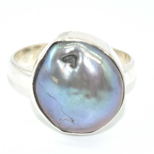 SILVER GRAY PEARL(9.2CT) HAND MADE RING (~SIZE 7) (~WEIGHT 5.3G)