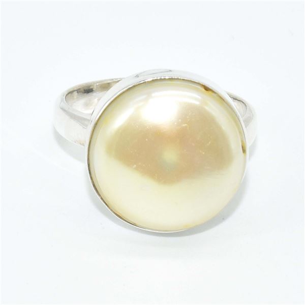 SILVER YELLOW PEARL(9.2CT) HAND MADE RING (~SIZE 7) (~WEIGHT 5.3G)