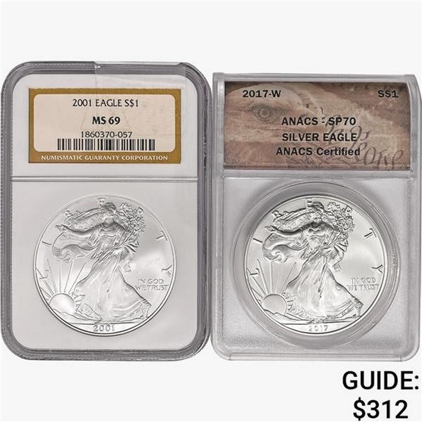 [2] 2001 & 2017 Silver Eagle ANACS/NGC SP/MS69/70