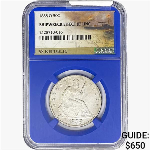 1858-O SL. 50C Shipwreck Effect W/ Book Set NGC UNC