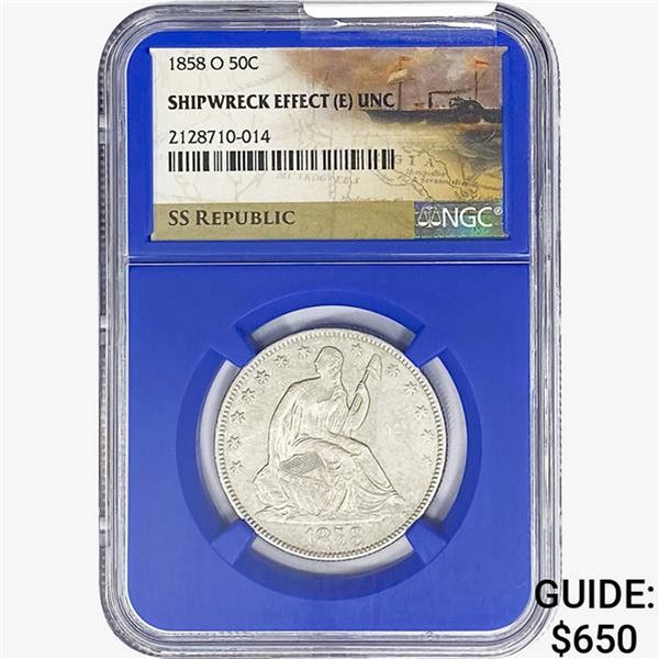 1858-O SL. 50C Shipwreck Effect W/ Book Set NGC UNC