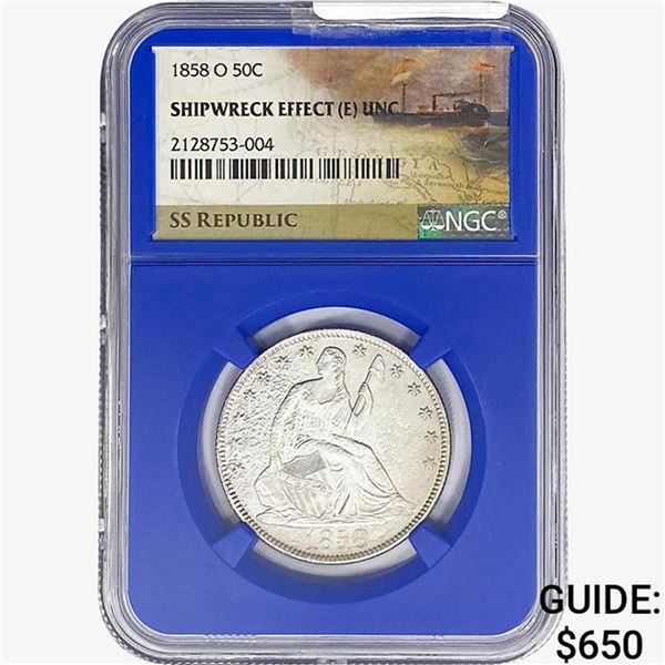 1858-O SL. 50C Shipwreck Effect W/ Book Set NGC UNC