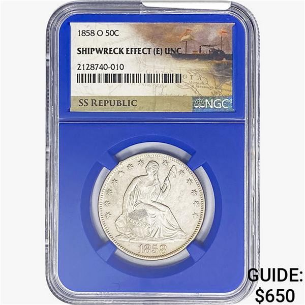 1858-O SL. 50C Ship. Effect W/ Book Set NGC UNC
