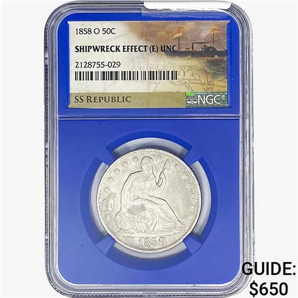 1858-O SL. 50C Ship. Effect W/ Book Set NGC UNC