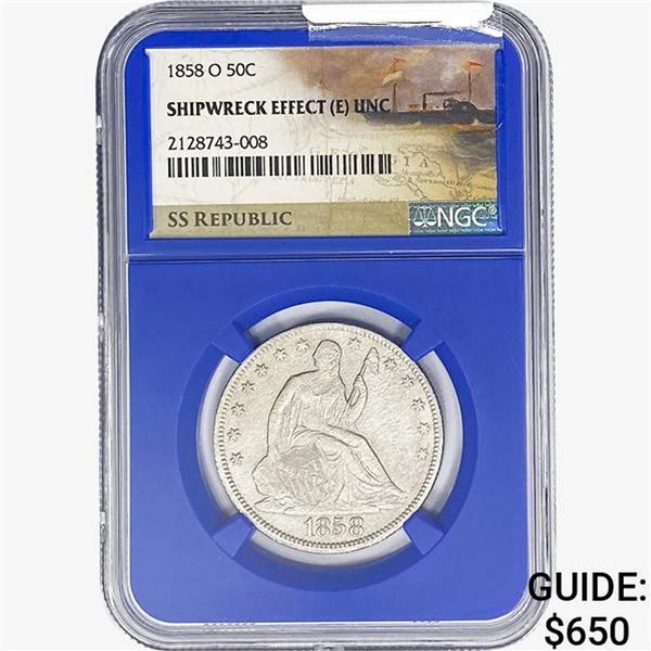 1858-O SL. 50C Ship. Effect W/ Book Set NGC UNC