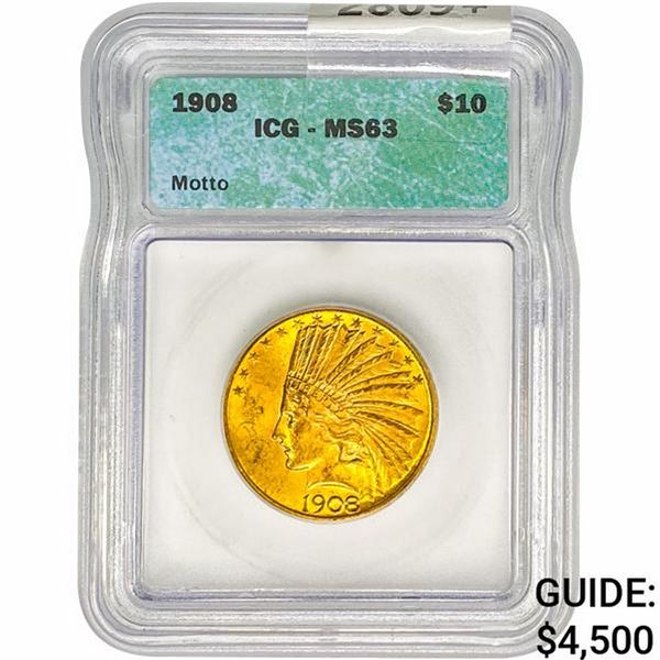 1908 $10 Gold Eagle ICG MS63