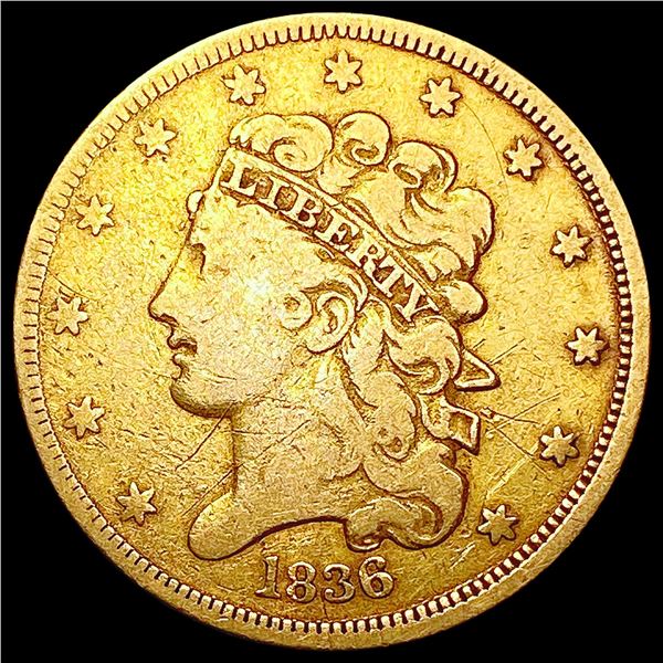 1836 $5 Gold Half Eagle NICELY CIRCULATED