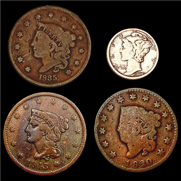 [4] 1820-1924-S [3] Large Cents, [1] Merc Dime HIGH GRADE