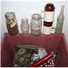 Image 2 : TOTE WITH LID FULL OF ASSORTED ANTIQUES, JARS,