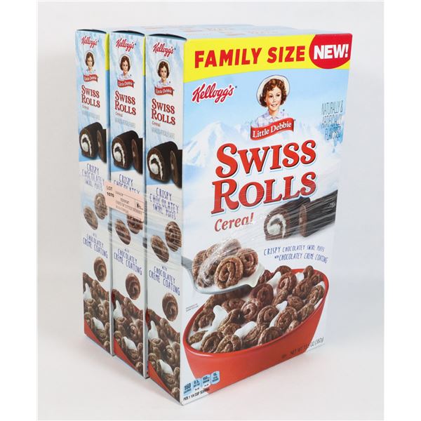 THREE BOXES OF LITTLE DEBBIES SWISS ROLLS CEREAL