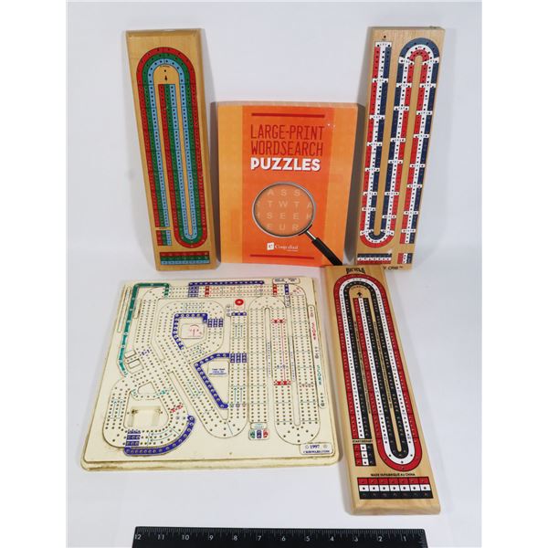 LARGE LOT OF CRIB BOARDS AND A WORDSEARCH BOOK