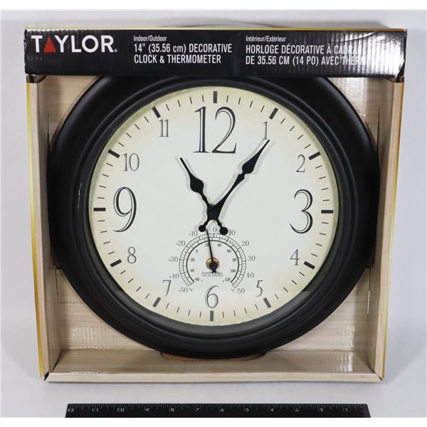 NEW IN BOX TAYLOR 14" CLOCK & THERMOMETER