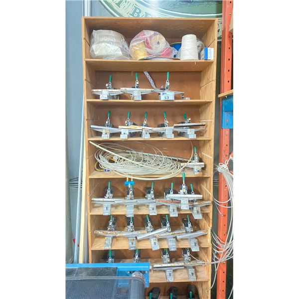 8 TIER WOODEN SHELF WITH APPROX. 28 PNEUMATIC SCREEN STRETCHING CLAMPS - APPROX. 3'W X 1'D X 8'H