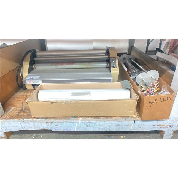 GBC ELECTRIC TABLETOP HOT LAMINATOR WITH BOX OF LAMINATE AND A BOX OF PARTS ** NEEDS REPAIR **