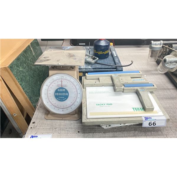 TEKNEK TACKY PAD, MASTERCRAFT 4 1/2" WET TILE SAW, AN ISHIDA SCALE, GREASE GUN & OIL CAN