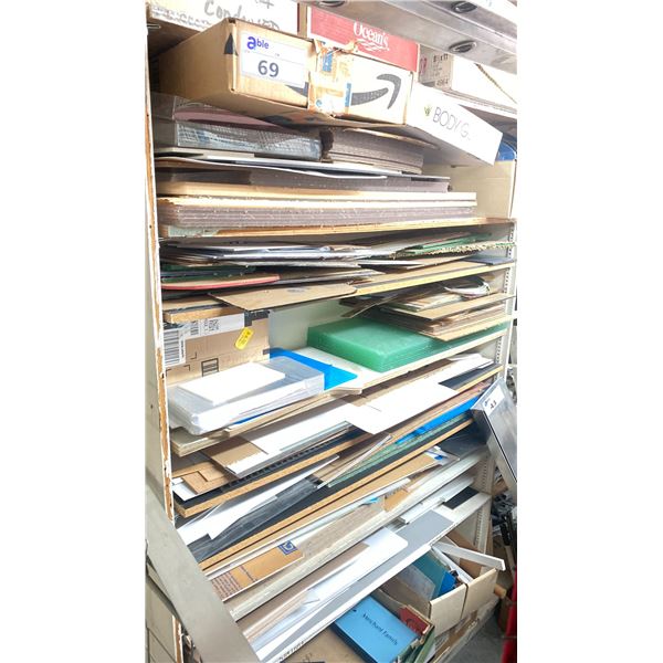 APPROX. 7'H X 4'W WOODEN SHELF UNIT WITH CONTENTS - LARGE ASSORTMENT OF SMALL GLASS AND PLASTIC