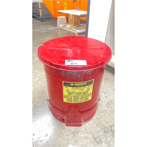 RED METAL JUSTRITE 14 GALLON OILY WASTE CAN AND TWO GALVANIZED WASTE RECEPTACLES