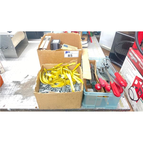 BAND STRAPPING TOOLS WITH BOX OF CLIPS AND LARGE BOX OF ASSORTED FASTENERS + HARDWARE