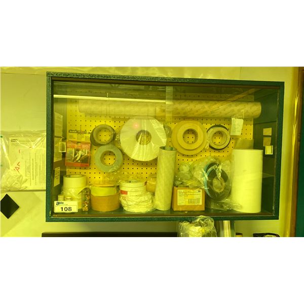 PLEXIGLASS FRONT TWO DOOR WALL HANGING CABINET AND CONTENTS - VARIOUS TYPES OF TAPE - APPROX. 4' X
