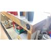 Image 1 : 8' X 4' WORK SURFACE, ASSORTED STORAGE WOODEN SHELVING UNITS AND WALL SHELF ( APPROX. 6 PCS )