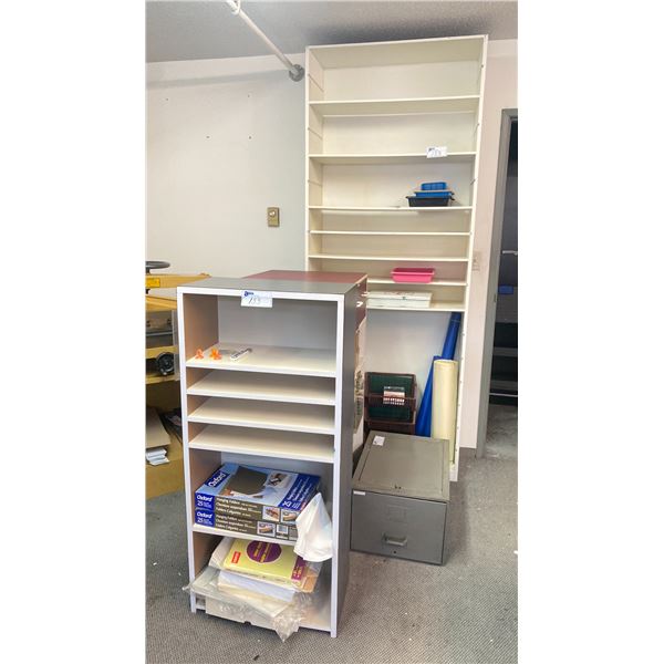 TWO DRAWER THREE SHELF STORAGE CABINET WITH CONTENTS, A SIX TIER BLACK/ WHITE STORAGE