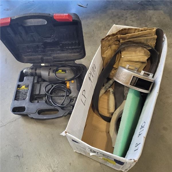 MCCULLOCH ELECTRIC DRILL, TOOL BELT AND BAG, DRYWALL TOOLS AND REBAR TIE WIRE REEL