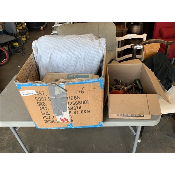 EXTENSION CORD, LUMBER TARP, BOX OF HAND TOOLS ETC