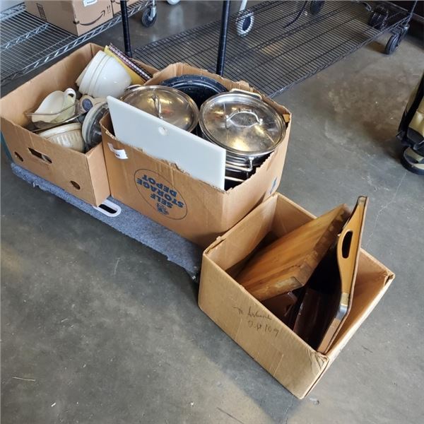 POTS PANS CUTTING BOARDS AND OTHER KITCHEN ITEMS