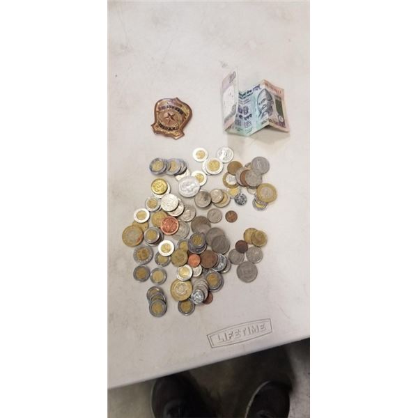 ASSORTED WORLD CURRENCY AND SPECIAL OFFICER COPPER BADGE